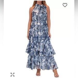 Julia Jordan Tiered Tie Neck Maxi Dress – Blue/White, Size 10
